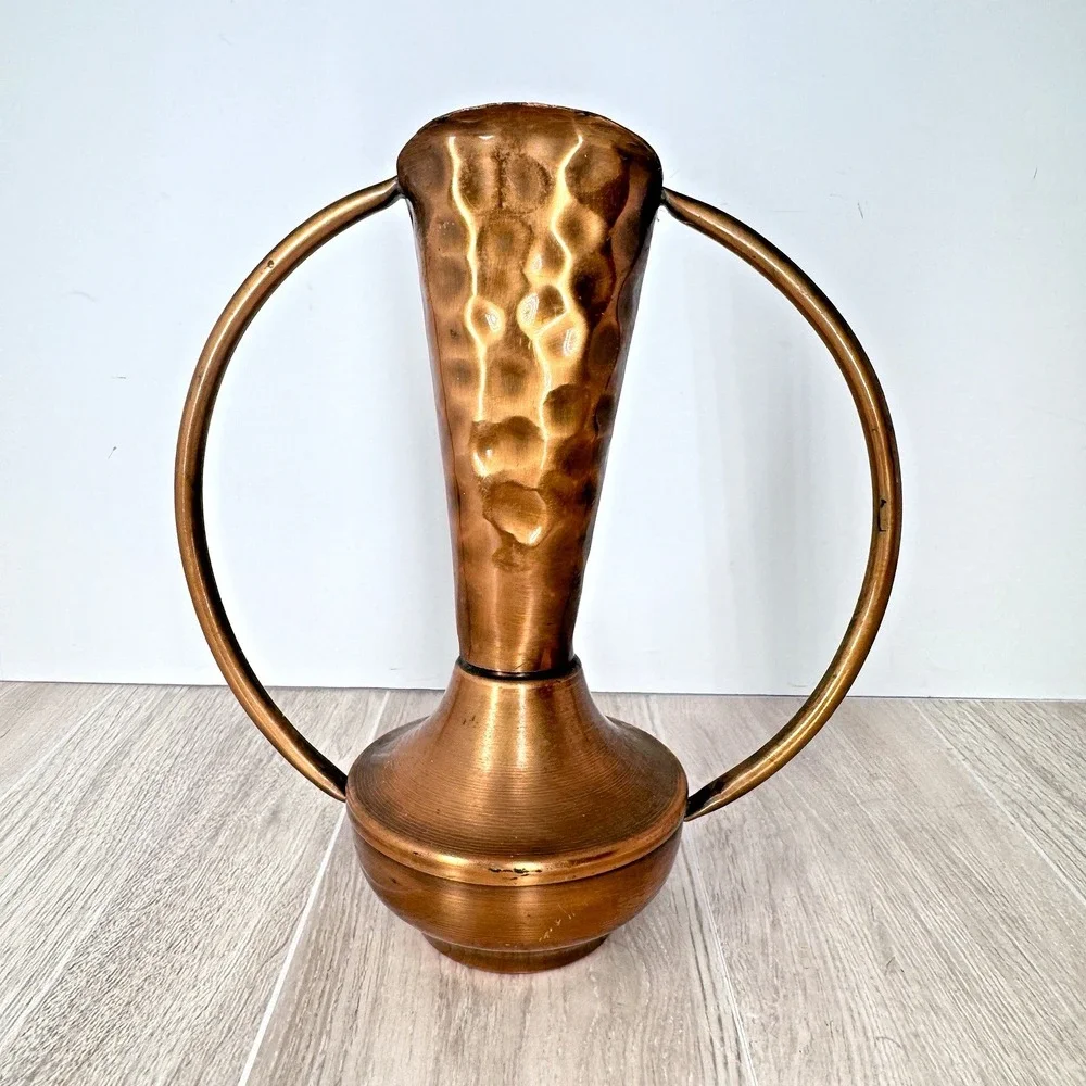 Vintage Hammered Copper Vase Ring Handle‎ Art Deco Style 7in Heavy Metal